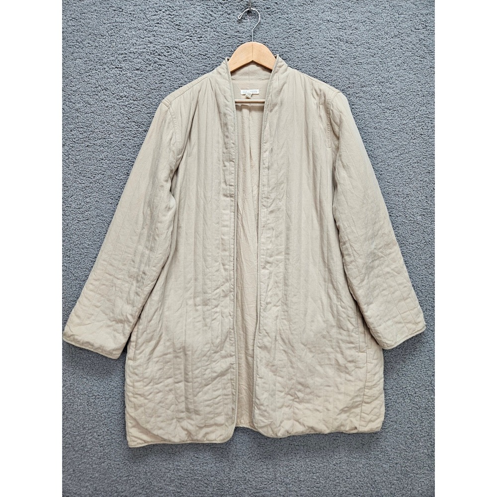 Eileen Fisher Quilted Coat Large Beige Tencel Linen Open Front Lagenlook Jacket